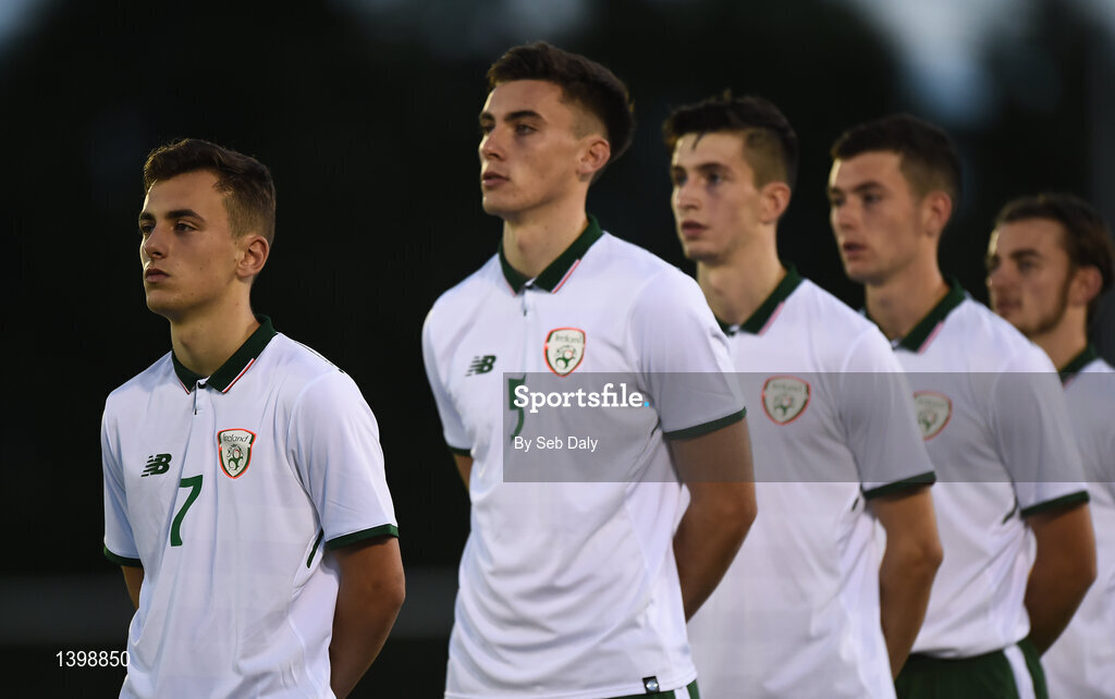 7 October 2017; Lee O’Connor of Republic of Ireland, left, during the national anthem prior to the UEFA European U19 Championship Qualifier match between Republic of Ireland and Cyprus at the Regional Sports Centre in Waterford. Photo by Seb Daly/Sportsfile