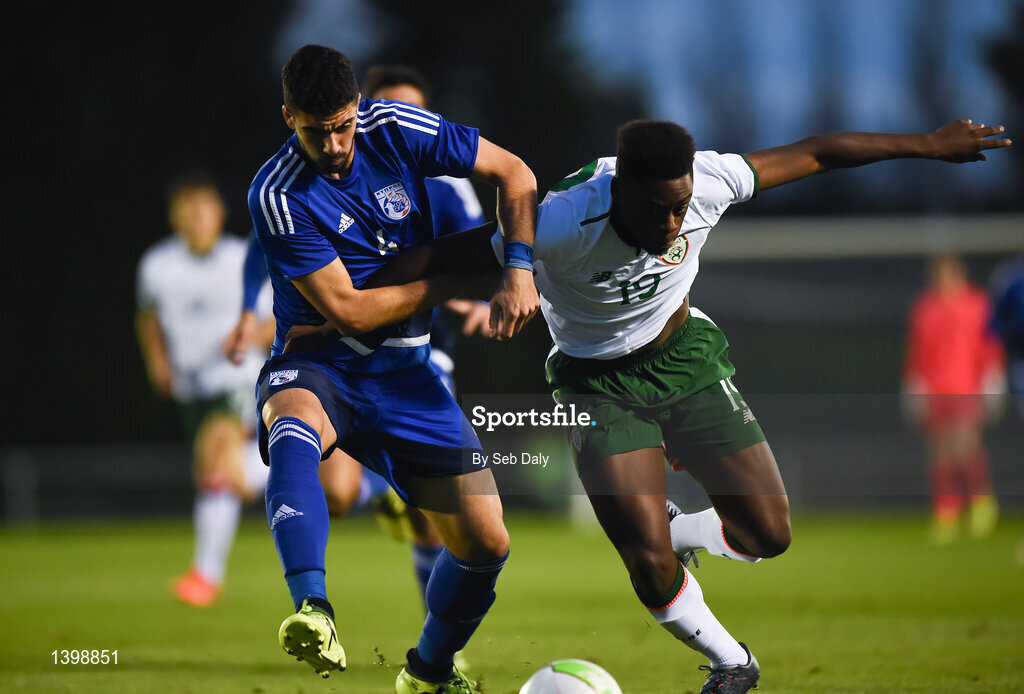 7 October 2017; Jonathan Afolabi of Republic of Ireland in action against Zacharias Adoni of Cyprus during the UEFA European U19 Championship Qualifier match between Republic of Ireland and Cyprus at the Regional Sports Centre in Waterford. Photo by Seb Daly/Sportsfile