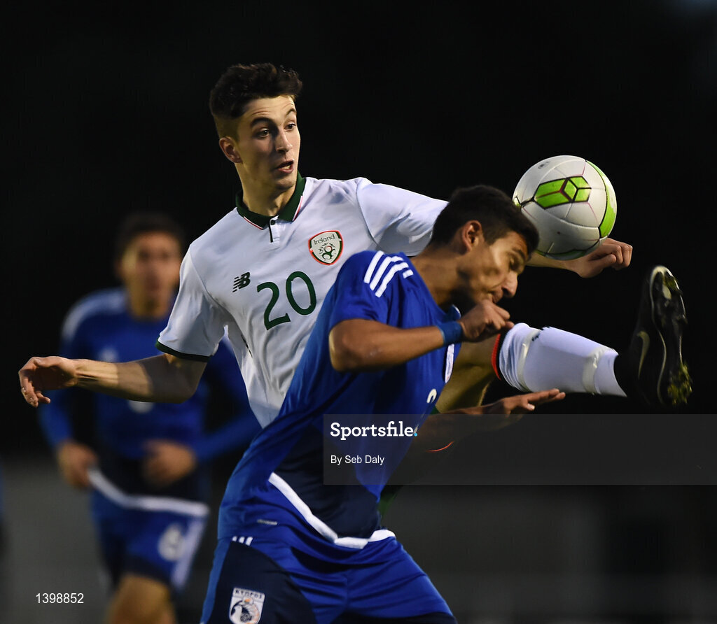 7 October 2017; Neil Farrugia of Republic of Ireland in action against Petros Ioannou of Cyprus during the UEFA European U19 Championship Qualifier match between Republic of Ireland and Cyprus at the Regional Sports Centre in Waterford. Photo by Seb Daly/Sportsfile