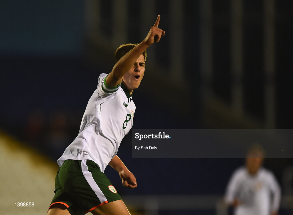 7 October 2017; Jason Molumby of Republic of Ireland celebrates after scoring his side's second goal of the game during the UEFA European U19 Championship Qualifier match between Republic of Ireland and Cyprus at the Regional Sports Centre in Waterford. Photo by Seb Daly/Sportsfile