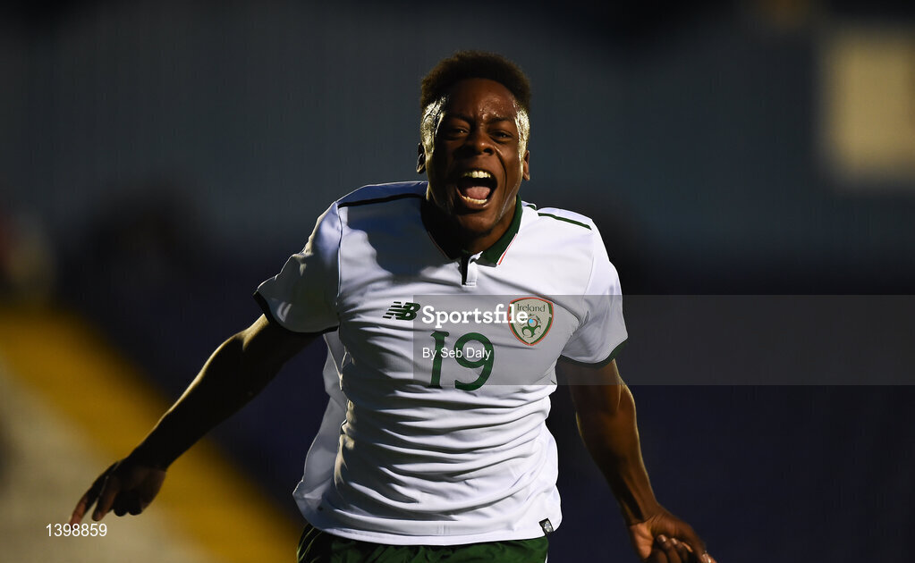 7 October 2017; Jonathan Afolabi of Republic of Ireland celebrates after scoring his side's first goal during the UEFA European U19 Championship Qualifier match between Republic of Ireland and Cyprus at the Regional Sports Centre in Waterford. Photo by Seb Daly/Sportsfile