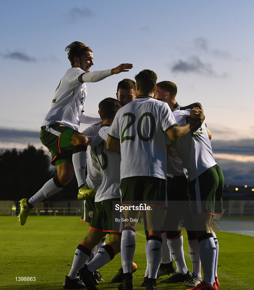 7 October 2017; Jonathan Afolabi of Republic of Ireland, hidden, celebrates with teammates after scoring his side's first goal during the UEFA European U19 Championship Qualifier match between Republic of Ireland and Cyprus at the Regional Sports Centre in Waterford. Photo by Seb Daly/Sportsfile