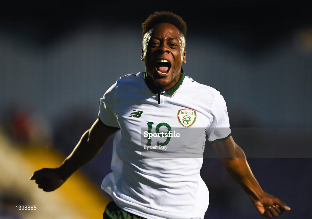 7 October 2017; Jonathan Afolabi of Republic of Ireland celebrates after scoring his side's first goal during the UEFA European U19 Championship Qualifier match between Republic of Ireland and Cyprus at the Regional Sports Centre in Waterford. Photo by Seb Daly/Sportsfile