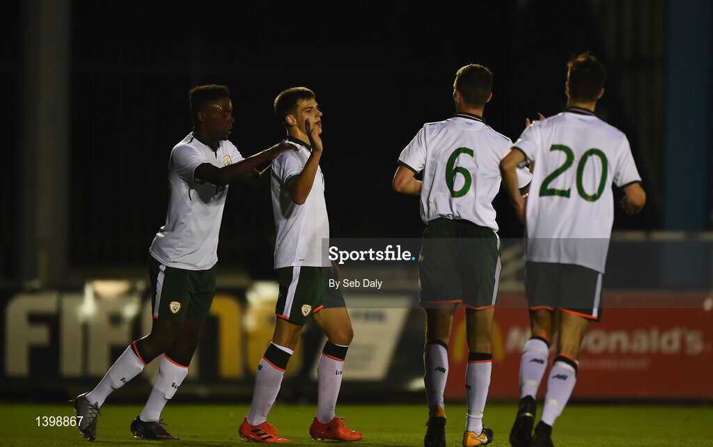 7 October 2017; Jason Molumby, second left, of Republic of Ireland celebrates with teammates after scoring his side's third goal of the game during the UEFA European U19 Championship Qualifier match between Republic of Ireland and Cyprus at the Regional Sports Centre in Waterford. Photo by Seb Daly/Sportsfile