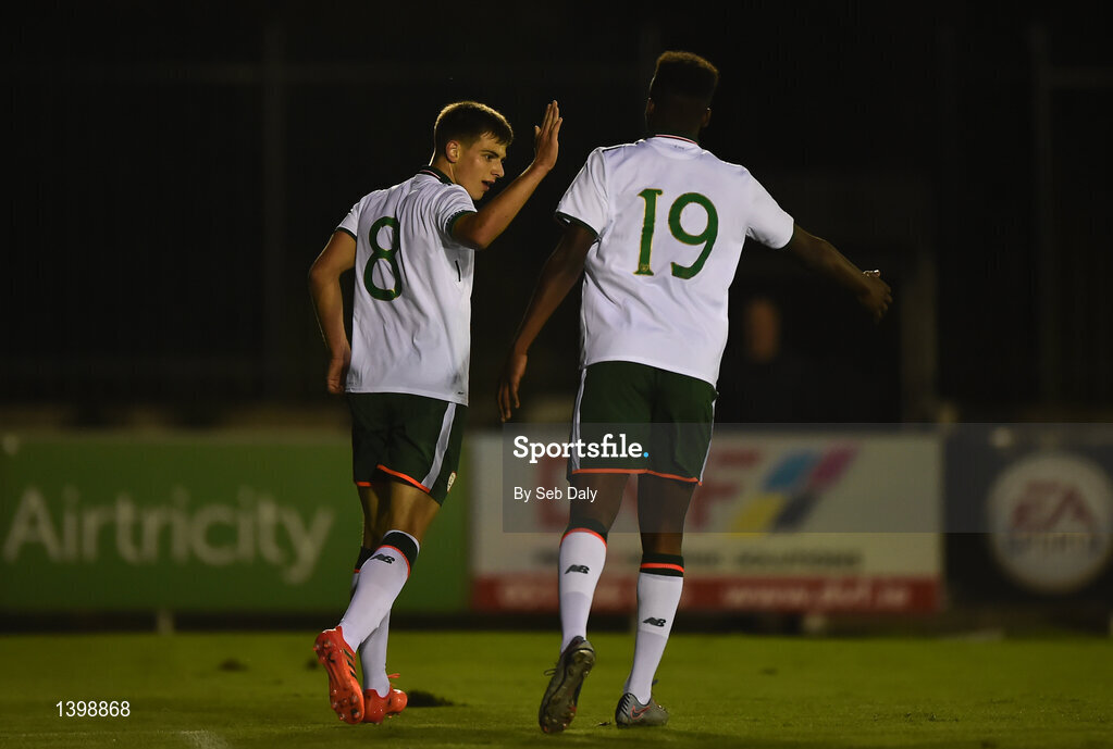 7 October 2017; Jason Molumby, left, of Republic of Ireland celebrates with teammate Jonathan Afolabi after scoring his side's third goal of the game during the UEFA European U19 Championship Qualifier match between Republic of Ireland and Cyprus at the Regional Sports Centre in Waterford. Photo by Seb Daly/Sportsfile