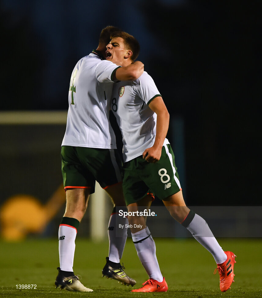 7 October 2017; Jason Molumby of Republic of Ireland, right, celebrates with teammate Dara O’Shea after scoring his side's second goal of the game during the UEFA European U19 Championship Qualifier match between Republic of Ireland and Cyprus at the Regional Sports Centre in Waterford. Photo by Seb Daly/Sportsfile