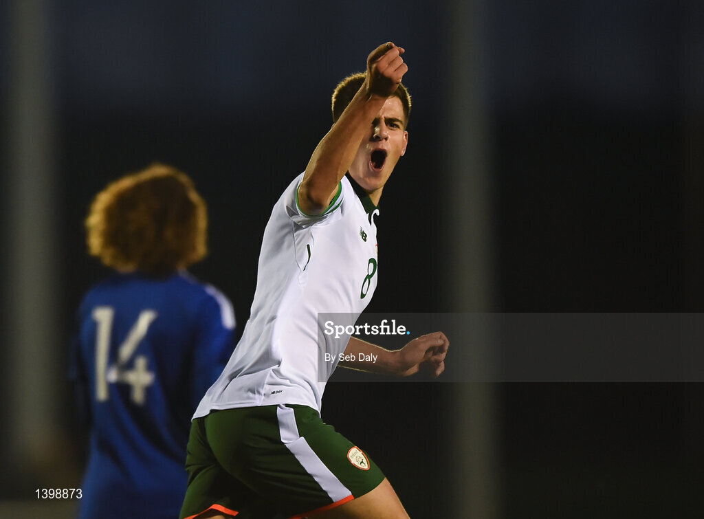 7 October 2017; Jason Molumby of Republic of Ireland celebrates after scoring his side's second goal of the game during the UEFA European U19 Championship Qualifier match between Republic of Ireland and Cyprus at the Regional Sports Centre in Waterford. Photo by Seb Daly/Sportsfile