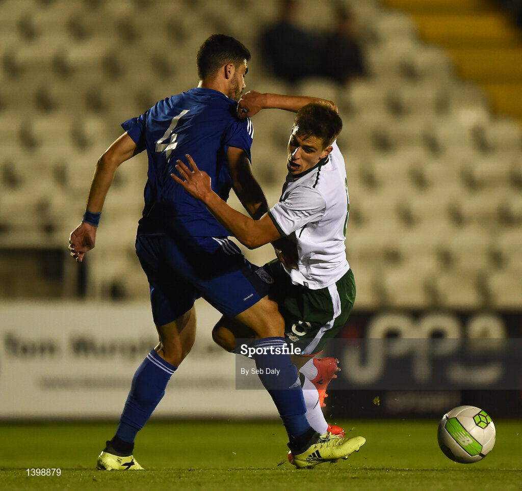 7 October 2017; Jason Molumby of Republic of Ireland is fouled by Zacharias Adoni of Cyprus, resulting in a penalty, which Jason Molumby converted during the UEFA European U19 Championship Qualifier match between Republic of Ireland and Cyprus at the Regional Sports Centre in Waterford. Photo by Seb Daly/Sportsfile