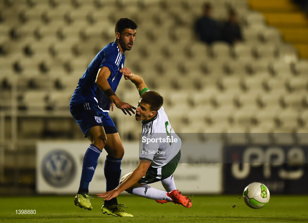 7 October 2017; Jason Molumby of Republic of Ireland is fouled by Zacharias Adoni of Cyprus, resulting in a penalty, which Jason Molumby converted during the UEFA European U19 Championship Qualifier match between Republic of Ireland and Cyprus at the Regional Sports Centre in Waterford. Photo by Seb Daly/Sportsfile