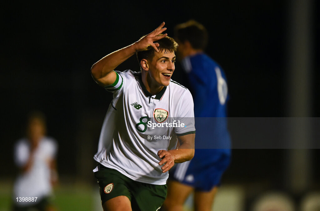 7 October 2017; Jason Molumby of Republic of Ireland celebrates after scoring his side's fourth goal of the game, and his third to complete his hat-trick, during the UEFA European U19 Championship Qualifier match between Republic of Ireland and Cyprus at the Regional Sports Centre in Waterford. Photo by Seb Daly/Sportsfile