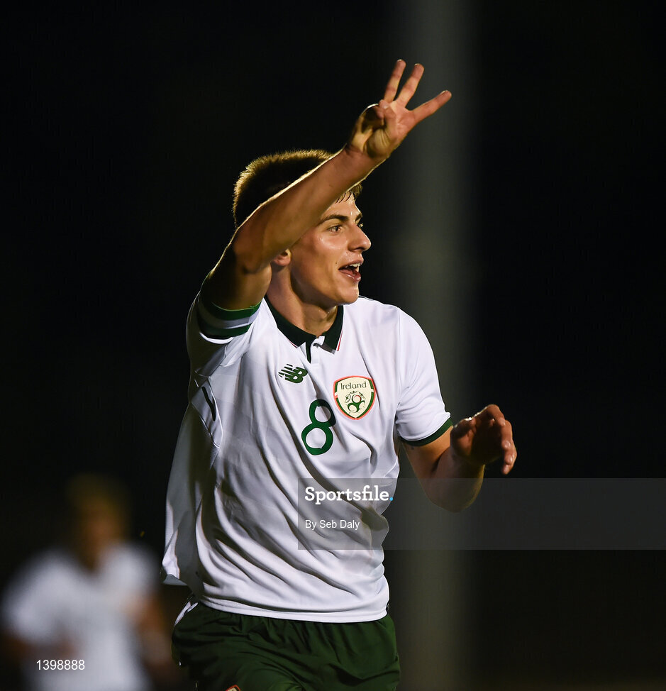 7 October 2017; Jason Molumby of Republic of Ireland celebrates after scoring his side's fourth goal of the game, and his third to complete his hat-trick, during the UEFA European U19 Championship Qualifier match between Republic of Ireland and Cyprus at the Regional Sports Centre in Waterford. Photo by Seb Daly/Sportsfile
