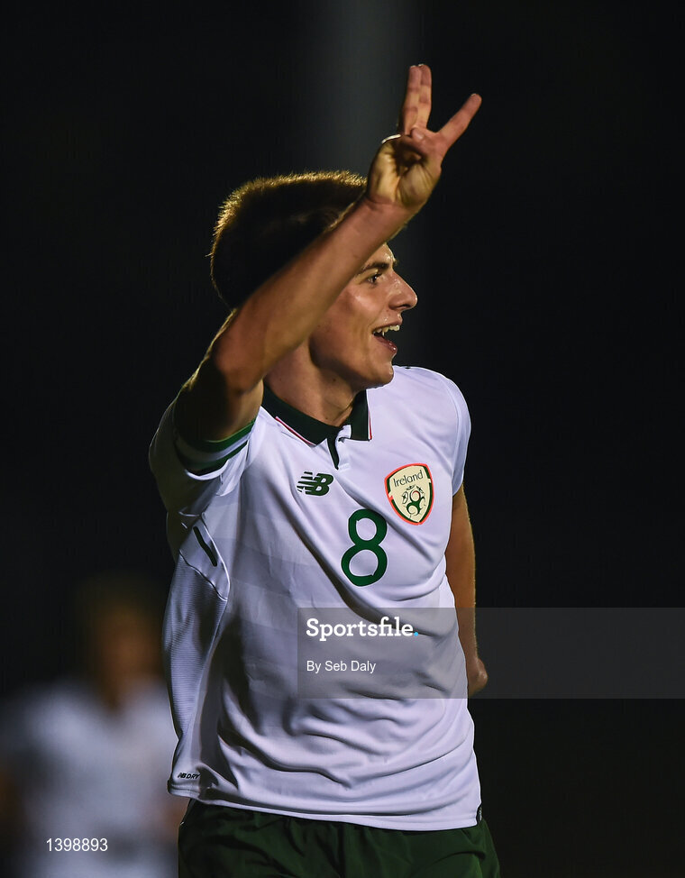 7 October 2017; Jason Molumby of Republic of Ireland celebrates after scoring his side's fourth goal of the game, and his third to complete his hat-trick, during the UEFA European U19 Championship Qualifier match between Republic of Ireland and Cyprus at the Regional Sports Centre in Waterford. Photo by Seb Daly/Sportsfile