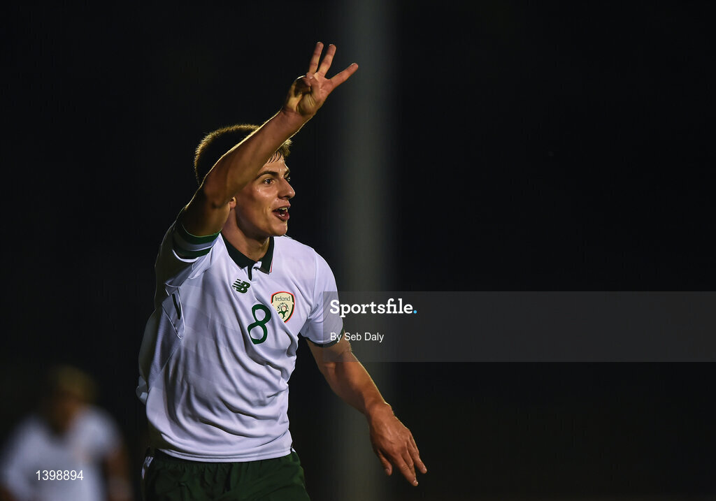 7 October 2017; Jason Molumby of Republic of Ireland celebrates after scoring his side's fourth goal of the game, and his third to complete his hat-trick, during the UEFA European U19 Championship Qualifier match between Republic of Ireland and Cyprus at the Regional Sports Centre in Waterford. Photo by Seb Daly/Sportsfile