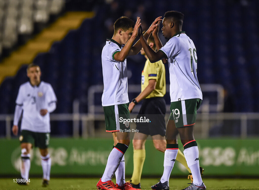 7 October 2017; Jonathan Afolabi, right, of Republic of Ireland is congratulated by teammate Jason Molumby after scoring his side's fifth goal during the UEFA European U19 Championship Qualifier match between Republic of Ireland and Cyprus at the Regional Sports Centre in Waterford. Photo by Seb Daly/Sportsfile