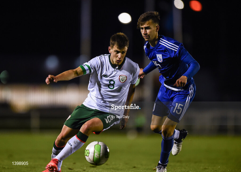 7 October 2017; Jason Molumby of Republic of Ireland in action against Nikolas Menelaou of Cyprus during the UEFA European U19 Championship Qualifier match between Republic of Ireland and Cyprus at the Regional Sports Centre in Waterford. Photo by Seb Daly/Sportsfile