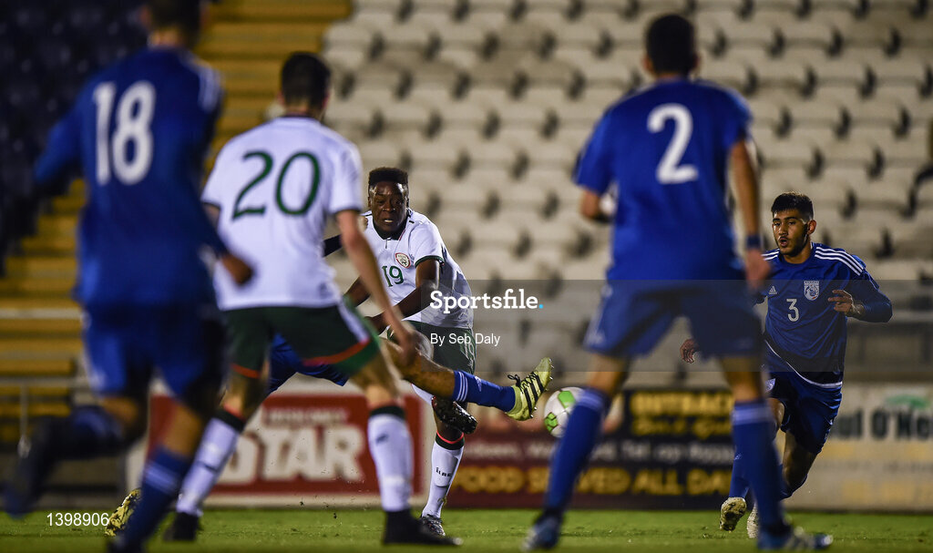 7 October 2017; Kian Flanagan of Republic of Ireland shoots to score his side's fifth goal during the UEFA European U19 Championship Qualifier match between Republic of Ireland and Cyprus at the Regional Sports Centre in Waterford. Photo by Seb Daly/Sportsfile