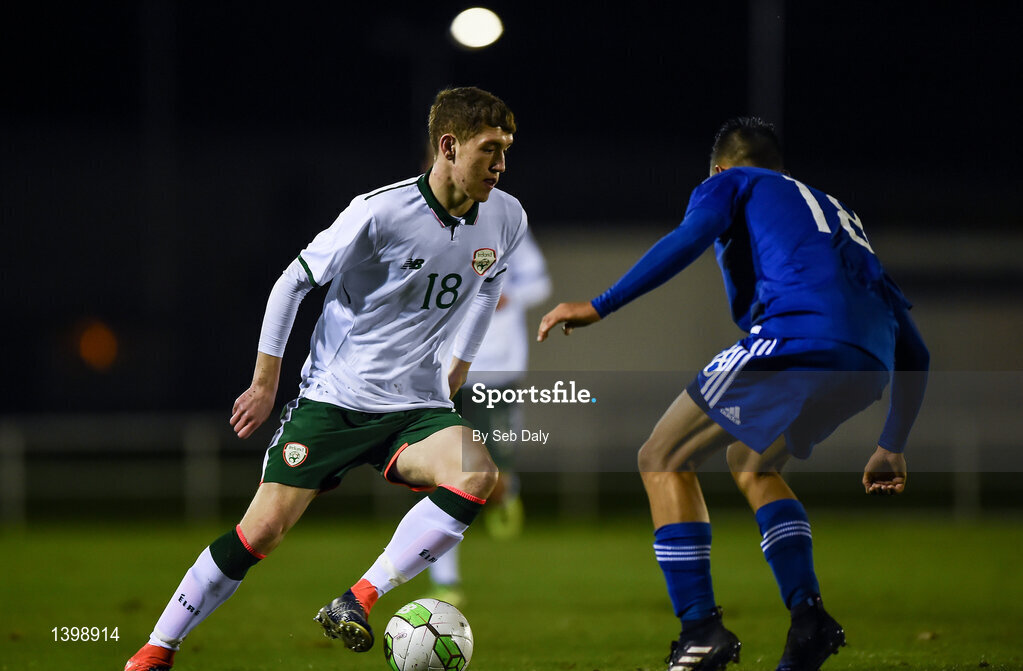 7 October 2017; John Martin of Republic of Ireland in action against Charalampos Charalampous of Cyprus during the UEFA European U19 Championship Qualifier match between Republic of Ireland and Cyprus at the Regional Sports Centre in Waterford. Photo by Seb Daly/Sportsfile