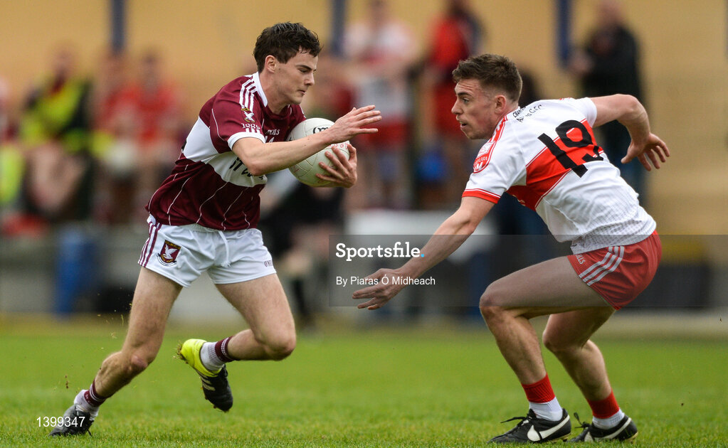 8 October 2017; Rian Brady of Mullinalaghta St Columba's in action against Shane Mahon of Abbeylara during the Longford County Senior Football Championship Final match between Abbeylara and Mullinalaghta St Columba's at Glennon Brothers Pearse Park in Longford. Photo by Piaras Ó Mídheach/Sportsfile