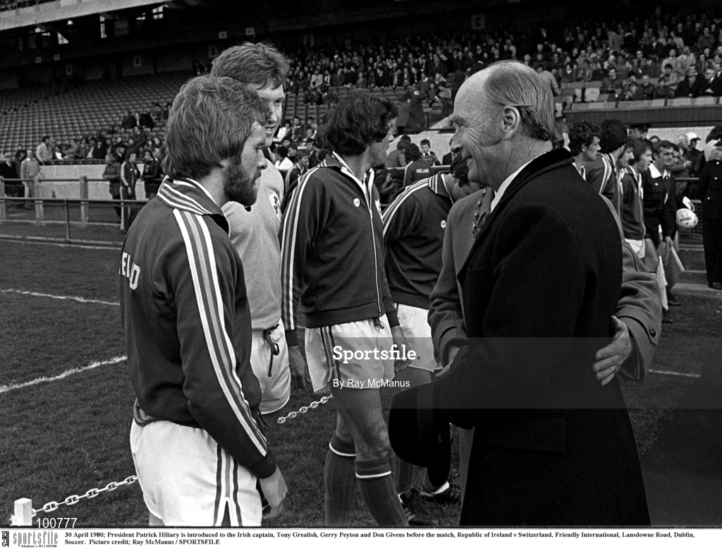 30 April 1980; President Patrick Hiliary is introduced to the Irish captain, Tony Grealish, Gerry Peyton and Don Givens before the match, Republic of Ireland v Switzerland, Friendly International, Lansdowne Road, Dublin, Soccer.  Picture credit; Ray McManus / SPORTSFILE