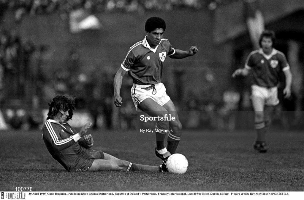 30 April 1980; Chris Hughton, Ireland in action against Switzerland, Republic of Ireland v Switzerland, Friendly International, Lansdowne Road, Dublin, Soccer.  Picture credit; Ray McManus / SPORTSFILE