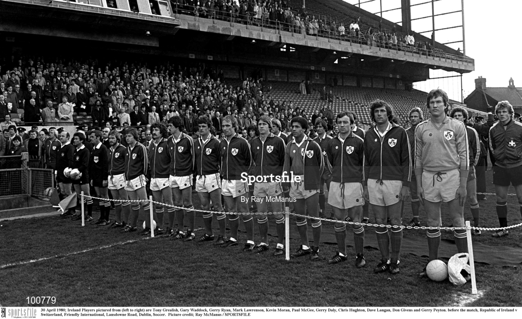 30 April 1980; Ireland Players pictured from (left to right) are Tony Grealish, Gary Waddock, Gerry Ryan, Mark Lawrenson, Kevin Moran, Paul McGee, Gerry Daly, Chris Hughton, Dave Langan, Don Givens and Gerry Peyton. before the match, Republic of Ireland v Switzerland, Friendly International, Lansdowne Road, Dublin, Soccer.  Picture credit; Ray McManus / SPORTSFILE