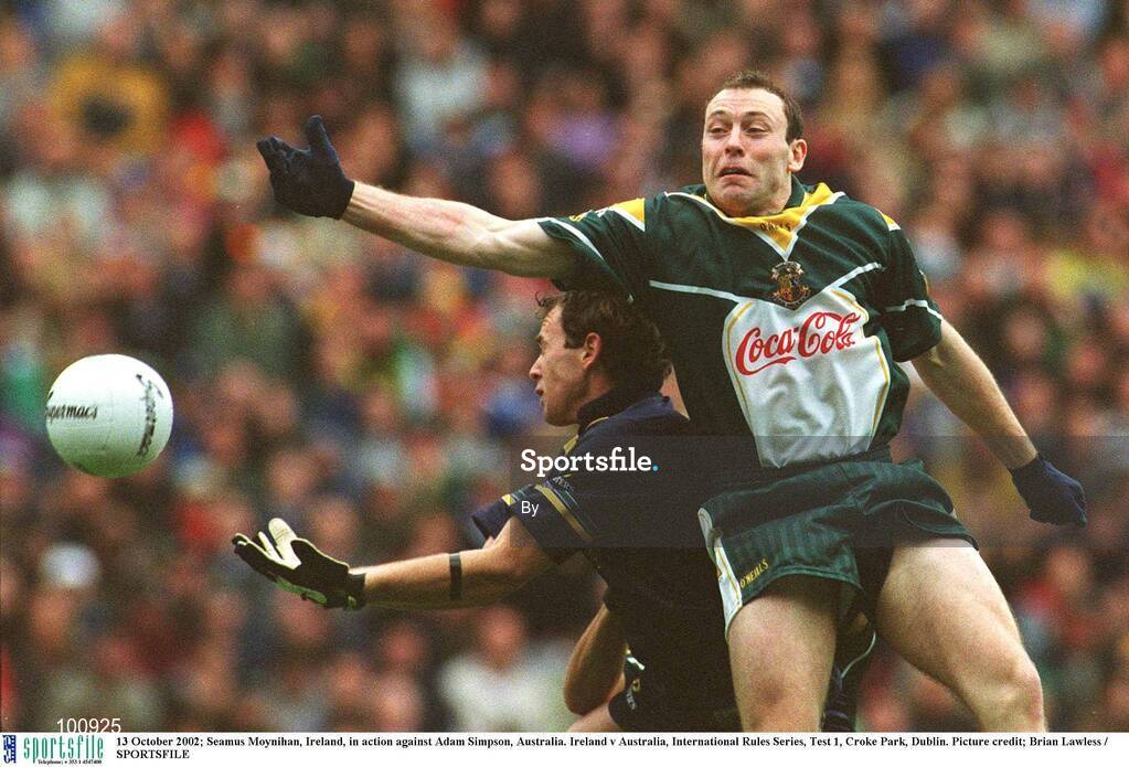 13 October 2002; Seamus Moynihan, Ireland, in action against Adam Simpson, Australia. Ireland v Australia, International Rules Series, Test 1, Croke Park, Dublin. Picture credit; Brian Lawless / SPORTSFILE