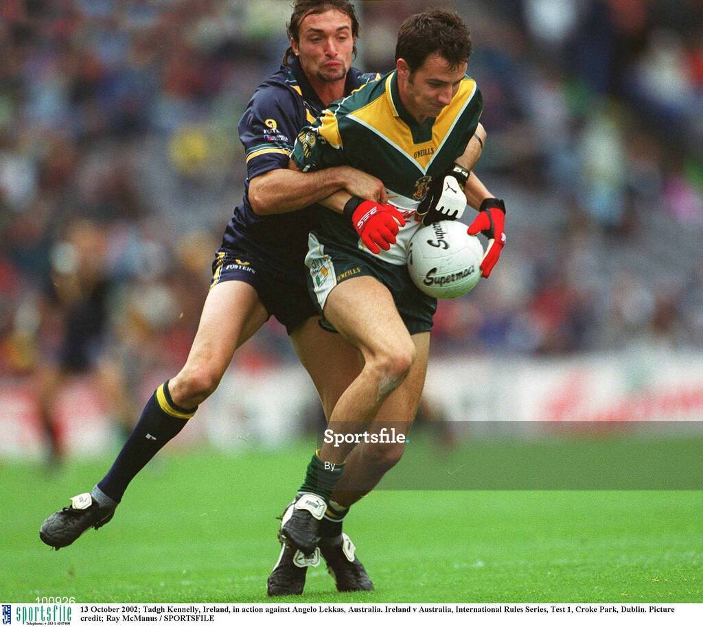 13 October 2002; Tadgh Kennelly, Ireland, in action against Angelo Lekkas, Australia. Ireland v Australia, International Rules Series, Test 1, Croke Park, Dublin. Picture credit; Ray McManus / SPORTSFILE