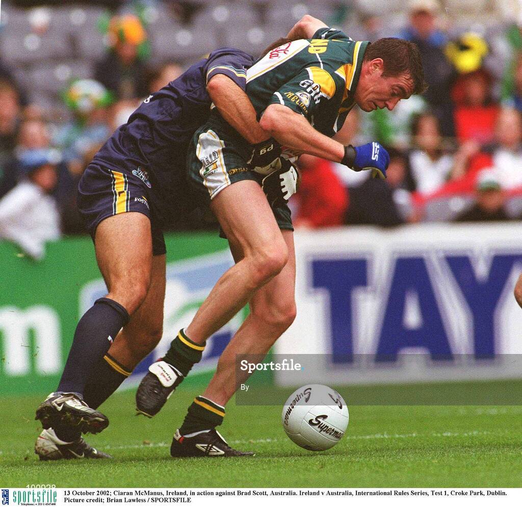 13 October 2002; Ciaran McManus, Ireland, in action against Brad Scott, Australia. Ireland v Australia, International Rules Series, Test 1, Croke Park, Dublin. Picture credit; Brian Lawless / SPORTSFILE
