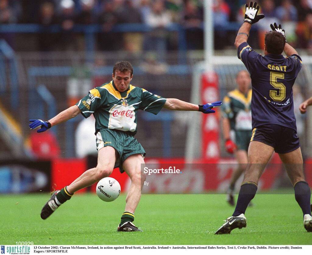 13 October 2002; Ciaran McManus, Ireland, in action against Brad Scott, Australia. Ireland v Australia, International Rules Series, Test 1, Croke Park, Dublin. Picture credit; Damien Eagers / SPORTSFILE