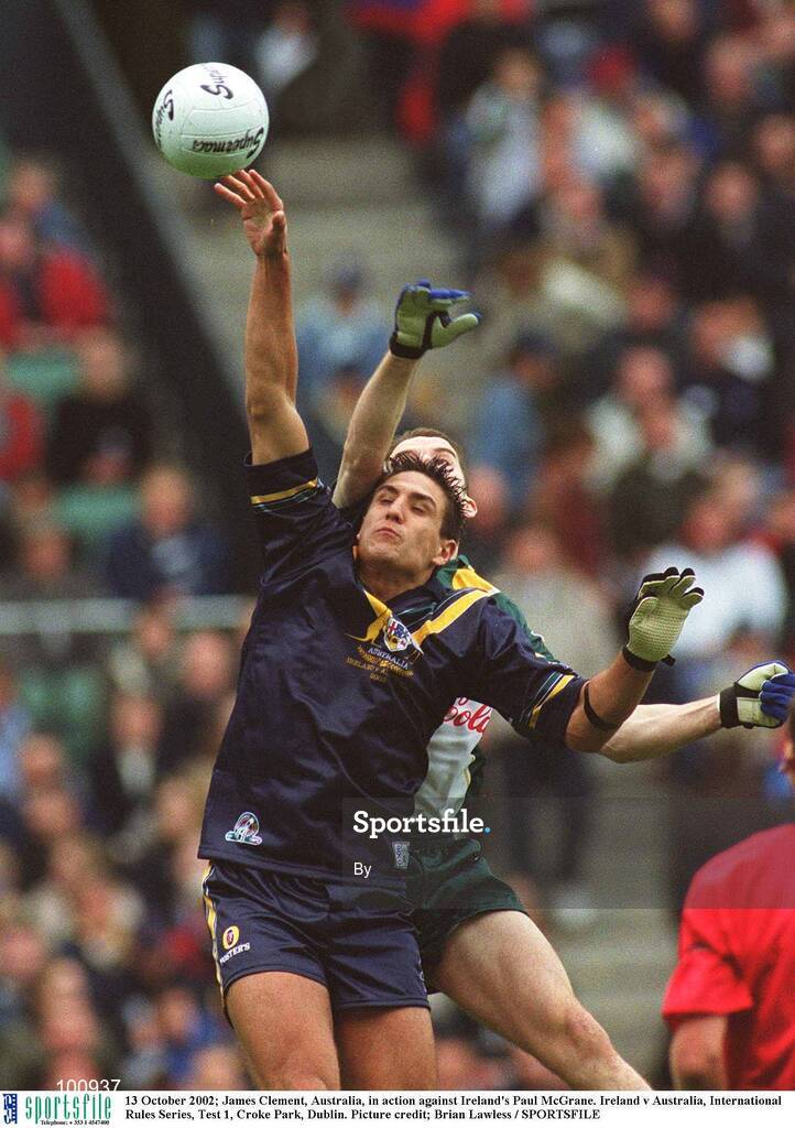 13 October 2002; James Clement, Australia, in action against Ireland's Paul McGrane. Ireland v Australia, International Rules Series, Test 1, Croke Park, Dublin. Picture credit; Brian Lawless / SPORTSFILE