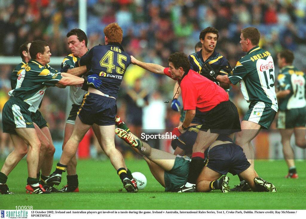 13 October 2002; Ireland and Australian players get involved in a tussle during the game. Ireland v Australia, International Rules Series, Test 1, Croke Park, Dublin. Picture credit; Ray McManus / SPORTSFILE