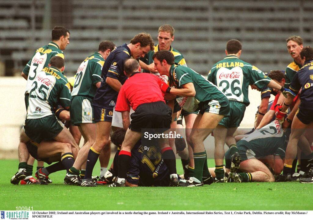13 October 2002; Ireland and Australian players get involved in a tussle during the game. Ireland v Australia, International Rules Series, Test 1, Croke Park, Dublin. Picture credit; Ray McManus / SPORTSFILE