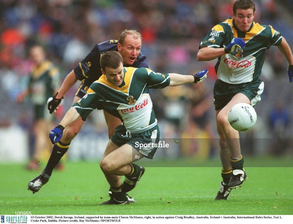 13 October 2002; Derek Savage, Ireland, supported by team-mate CIaran McManus, right, in action against Craig Bradley, Australia. Ireland v Australia, International Rules Series, Test 1, Croke Park, Dublin. Picture credit; Ray McManus / SPORTSFILE