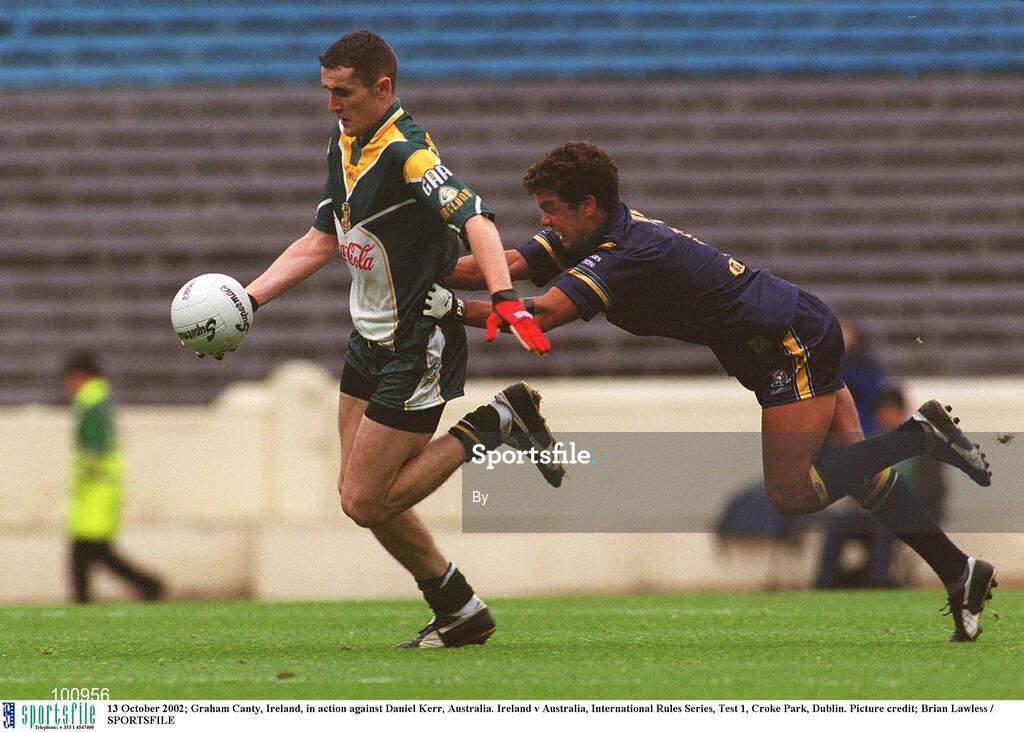13 October 2002; Graham Canty, Ireland, in action against Daniel Kerr, Australia. Ireland v Australia, International Rules Series, Test 1, Croke Park, Dublin. Picture credit; Brian Lawless / SPORTSFILE