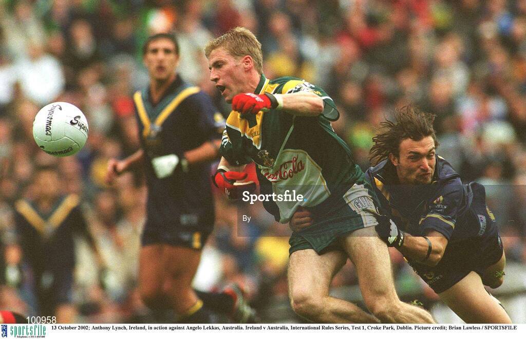 13 October 2002; Anthony Lynch, Ireland, in action against Angelo Lekkas, Australia. Ireland v Australia, International Rules Series, Test 1, Croke Park, Dublin. Picture credit; Brian Lawless / SPORTSFILE