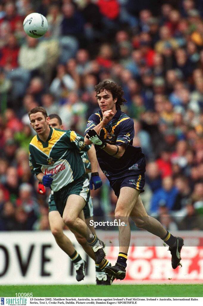 13 October 2002; Matthew Scarlett, Australia, in action against Ireland's Paul McGrane. Ireland v Australia, International Rules Series, Test 1, Croke Park, Dublin. Picture credit; Damien Eagers / SPORTSFILE