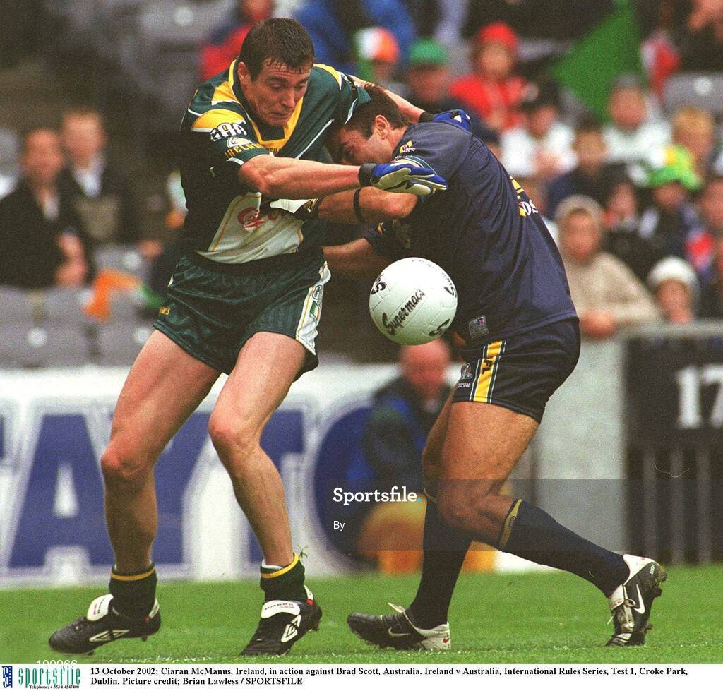 13 October 2002; Ciaran McManus, Ireland, in action against Brad Scott, Australia. Ireland v Australia, International Rules Series, Test 1, Croke Park, Dublin. Picture credit; Brian Lawless / SPORTSFILE