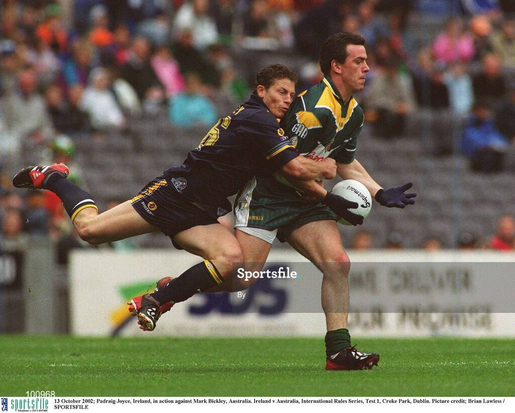 13 October 2002; Padraig Joyce, Ireland, in action against Mark Bickley, Australia. Ireland v Australia, International Rules Series, Test 1, Croke Park, Dublin. Picture credit; Brian Lawless / SPORTSFILE