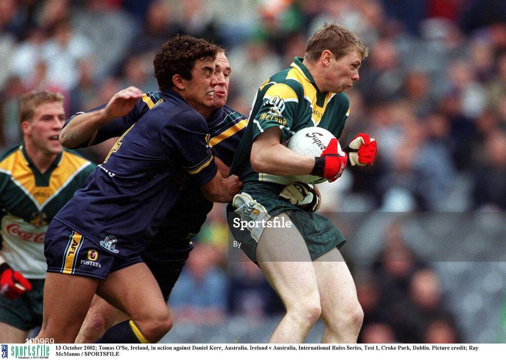 13 October 2002; Tomas O'Se, Ireland, in action against Daniel Kerr, Australia. Ireland v Australia, International Rules Series, Test 1, Croke Park, Dublin. Picture credit; Ray McManus / SPORTSFILE
