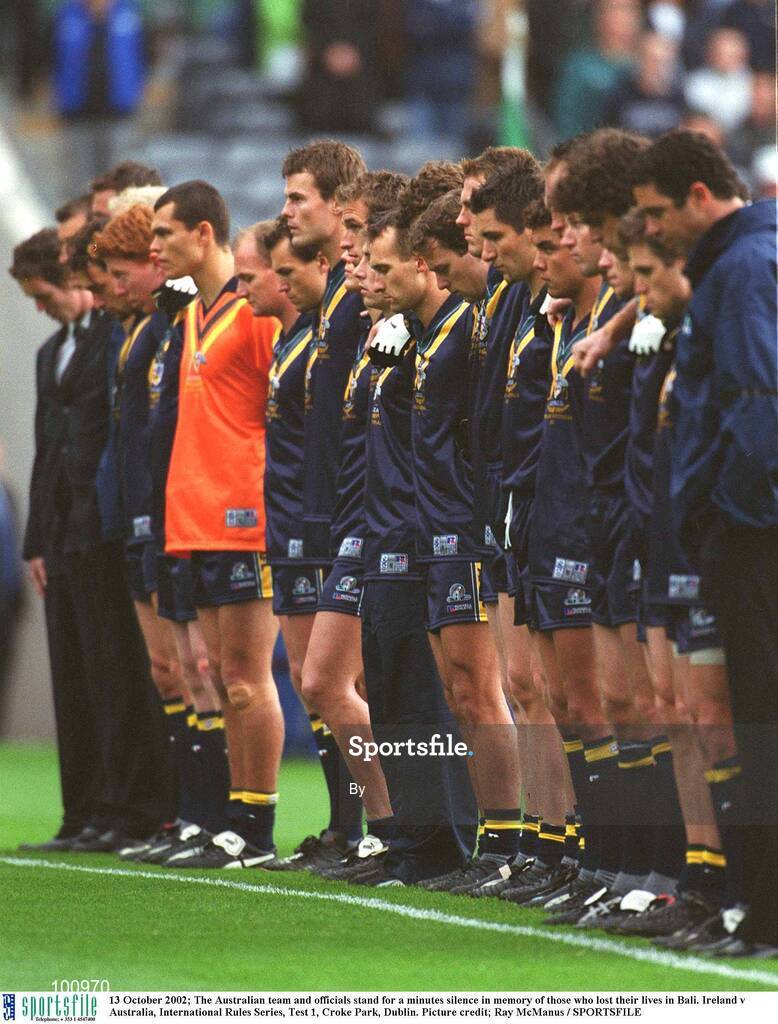 13 October 2002; The Australian team and officials stand for a minutes silence in memory of those who lost their lifes in Bali. Ireland v Australia, International Rules Series, Test 1, Croke Park, Dublin. Picture credit; Ray McManus / SPORTSFILE