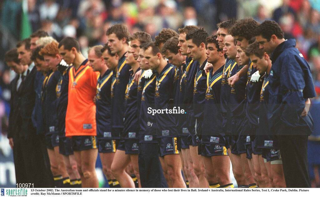 13 October 2002; The Australian team and officials stand for a minutes silence in memory of those who lost their lifes in Bali. Ireland v Australia, International Rules Series, Test 1, Croke Park, Dublin. Picture credit; Ray McManus / SPORTSFILE