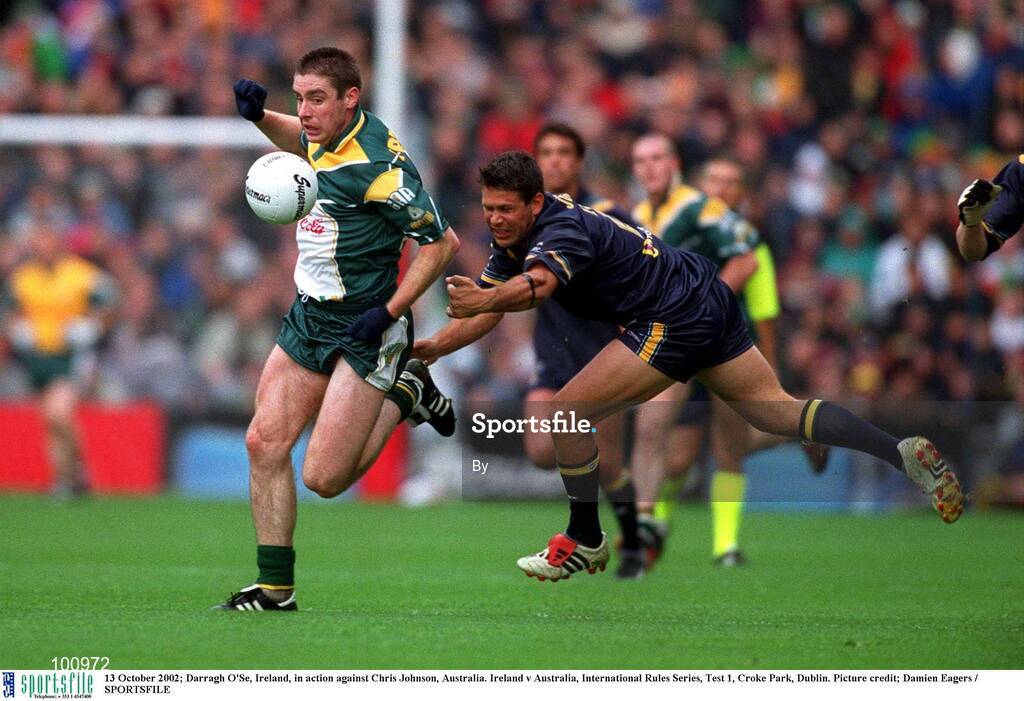 13 October 2002; Darragh O'Se, Ireland, in action against Chris Johnson, Australia. Ireland v Australia, International Rules Series, Test 1, Croke Park, Dublin. Picture credit; Damien Eagers / SPORTSFILE