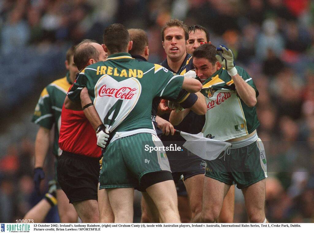 13 October 2002; Ireland's Anthony Rainbow, (right) and Graham Canty (4), tussle with Australian players, Ireland v Australia, International Rules Series, Test 1, Croke Park, Dublin. Picture credit; Brian Lawless / SPORTSFILE