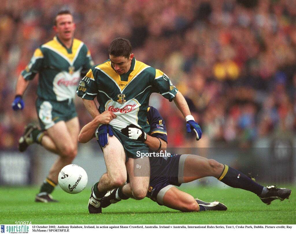 13 October 2002; Anthony Rainbow, Ireland, in action against Shane Crawford, Australia. Ireland v Australia, International Rules Series, Test 1, Croke Park, Dublin. Picture credit; Ray McManus / SPORTSFILE