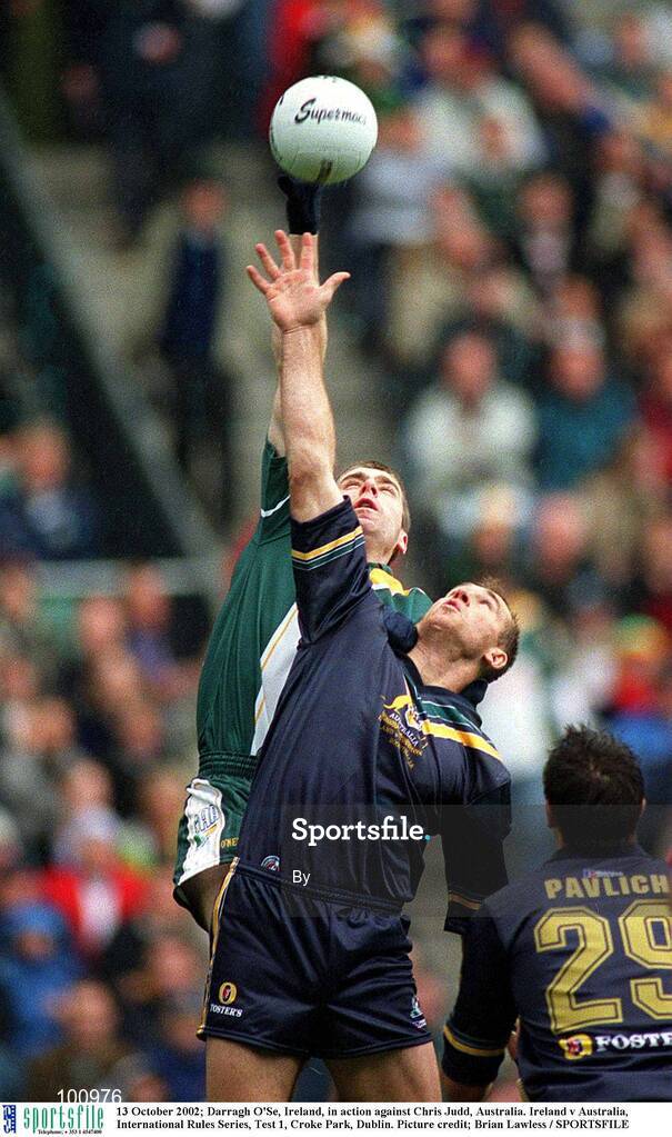 13 October 2002; Darragh O'Se, Ireland, in action against Chris Judd, Australia. Ireland v Australia, International Rules Series, Test 1, Croke Park, Dublin. Picture credit; Brian Lawless / SPORTSFILE