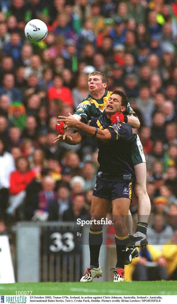 13 October 2002; Tomas O'Se, Ireland, in action against Chris Johnson, Australia. Ireland v Australia, International Rules Series, Test 1, Croke Park, Dublin. Picture credit; Brian Lawless / SPORTSFILE