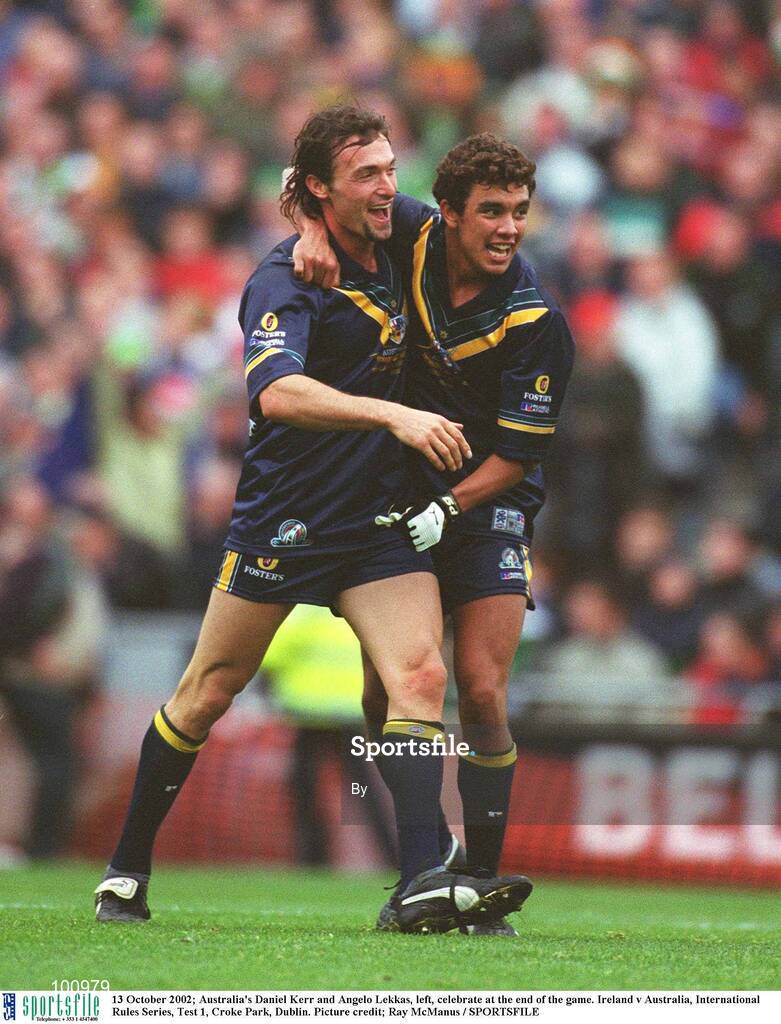 13 October 2002; Australia's Daniel Kerr and Angelo Lekkas, left, celebrate at the end of the game. Ireland v Australia, International Rules Series, Test 1, Croke Park, Dublin. Picture credit; Ray McManus / SPORTSFILE