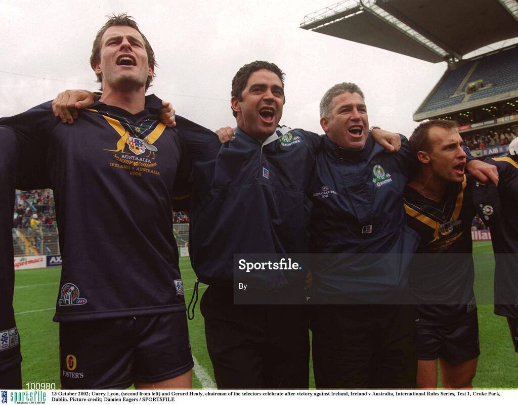 13 October 2002; Garry Lyon, (second from left) and Gerard Healy, chairman of the selectors celebrate after victory against Ireland, Ireland v Australia, International Rules Series, Test 1, Croke Park, Dublin. Picture credit; Damien Eagers / SPORTSFILE