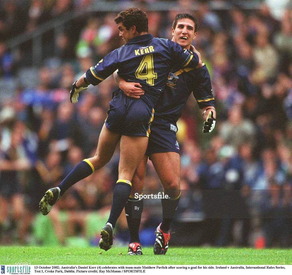 13 October 2002; Australia's Daniel Kerr (4) celebrates with team-mate Matthew Pavlich after scoring a goal for his side. Ireland v Australia, International Rules Series, Test 1, Croke Park, Dublin. Picture credit; Ray McManus / SPORTSFILE