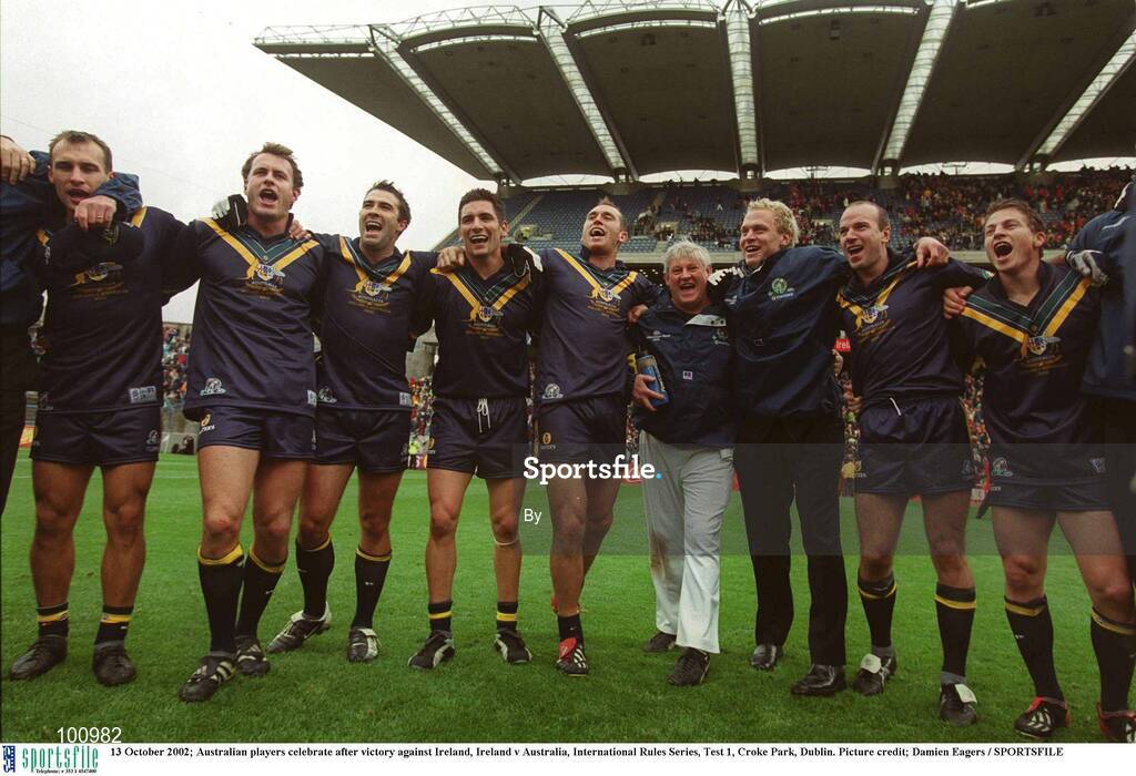 13 October 2002; Australian players celebrate after victory against Ireland, Ireland v Australia, International Rules Series, Test 1, Croke Park, Dublin. Picture credit; Damien Eagers / SPORTSFILE